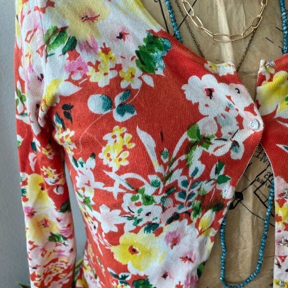 Fashion Instinct Orange Green Colorful Floral Cardigan Gem Button sz XXS - Picture 6 of 11